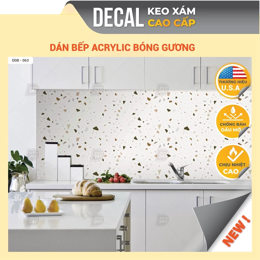 Giấy Decal dán bếp KEO XÁM chuyên dụng đá hoa cương bóng gương chịu nhiệt tốt